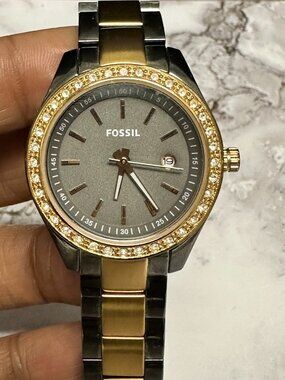 Fossil Stella Womens Watch Gunmetal Rose Gold Tone Crystal Bezel New Battery